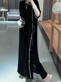 2024 m. rudenį naujų imitacija, šilko, aksomo suknelė retro stiliaus kinijos moterų black pagerėjo qipao suknelė moterų padalinta qipao suknelė
