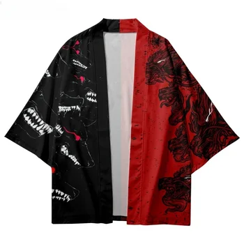 Nauja Japonų Tradicinės Dragon Spausdinti Spalvų Kimono Vyrai Moterys Yukata Cardigan Raudona Juoda Cosplay Haori Samurajų Apranga
