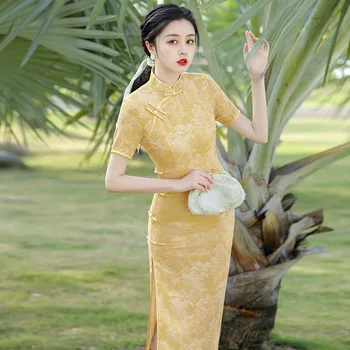 2023 Vasaros Kinų Stiliaus Merginos Stovėti Apykaklės, Cheongsam Satino Pasviręs Priekinis Spausdinti Slim Temperamentas Vakarą Qipao Suknelė Moterims