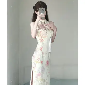 Kinų Suknelė Cheongsam Retro Printed Dress Qipao Sagtis Gėlių Slim Montavimo Juostos Sėdmenų Elastinga Vidurio Ilgio Suknelė