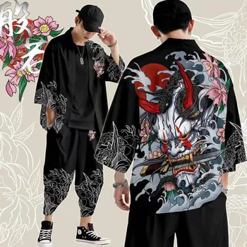 Dviejų dalių Kostiumas Derliaus Japonijos Laisvas Megztinis Naujausias Haori Yukata Demonas Spausdinti Kimono Kelnės Rinkiniai