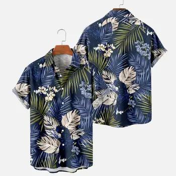 Vyrų Marškinėliai Paplūdimys Stilius Sinmple Lapų Modelio Atvartas Plonas 3D Havajai Gėlių Spausdinti Prarasti Vasaros Viršūnes Atostogų Drabužiai