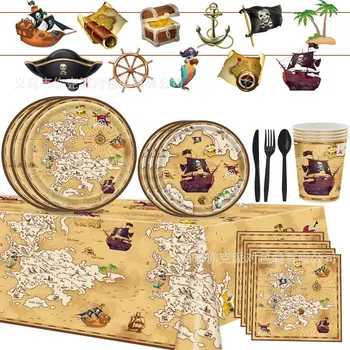 Lobių Medžioklės Žaidimo Temą, Vienkartiniai Indai, Piratų Laivas, Lobio Žemėlapis, Plokštės Servetėlės Vaikai Laimingi Piratų Gimtadienio Dekoras