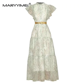 MARYYIMEI Vasaros Mados Moterų suknelė Raukiniai Trumpas rankovėmis Vieną krūtinėmis Nėrinių Gėlių Spausdinti Elegantiškas Šifono Suknelės