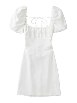 Moterų balti mados lino mišinys suknelė moterų kvadratinių kaklo, trumpas sluoksniuotos rankovėmis backless crossover dirželiai suknelė moterų