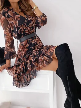 Domino Elegantiškas Ruffles Moterų Spausdinti Derliaus Mini Suknelė Atsitiktinis Pavasarį, Rudenį, V-Kaklo, Ilgomis Rankovėmis Saldus Ponios Suknelė Streetwear