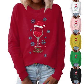 Moterų Kalėdų Įgulos Kaklo Palaidinukė ilgomis Rankovėmis Fleece series Atostogų Modelio Marškinėliai Mielas Tunika