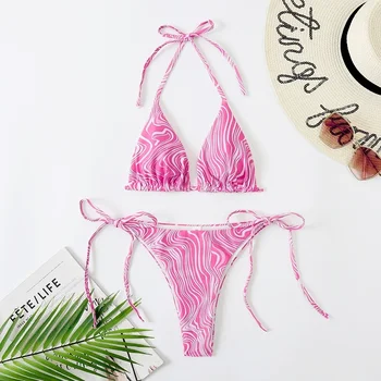 Rožinė Dryžuota Micro Apynasrio Trikampis Bikinis Nustatyti Diržas Moterų Maudymosi Kostiumėliai, Styginių Biquinis Plaukimo Kostiumas Bikini 2024 Mujer