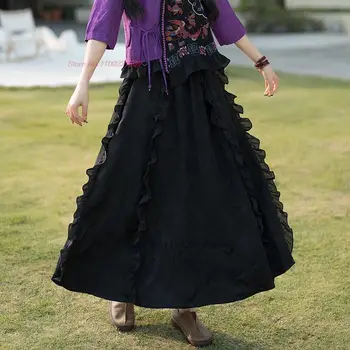2024 m. nacionalinės harajuku stilius derliaus gėlių siuvinėti moterų sijonas atsitiktinis palaidų-line sijonas rytų senovinių nėrinių ilgas sijonas
