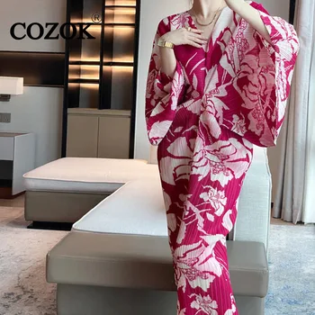 COZOK 2024 Plisuotos V-Kaklo Batwing Rankovėmis Suknelė Pavasarį Naują Spausdinimo Prarasti Slim Fit Temperamentas Suknelės Elegantiškas Stilius Moterų WT663