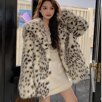 Dirbtiniais Fox Fur Coat Moterų Žiemos Striukė Sutirštės Leopardo Imitacijos Striukė Dirbtinio Kailio Apykaklė Kailis Atsitiktinis Striukės 2023