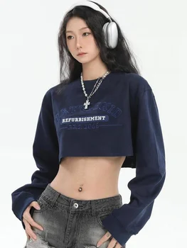 HOUZHOU Kpop Y2K Apkarpytos Palaidinės Moterims Derliaus Streetwear Laišką Siuvinėjimo ilgomis Rankovėmis Tshirts Hipių Harajuku Prarasti Viršūnės