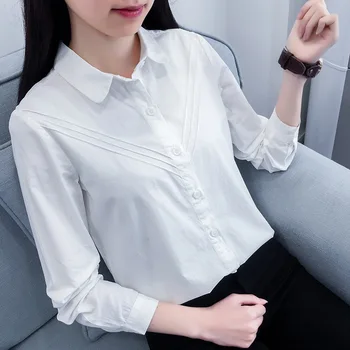 Korėjos Stiliaus Japonijos Moterų Viršūnių Palaidinė vientisos Spalvos Shirring Baltos Medvilnės ilgomis Rankovėmis Prarasti Dydis XL, 2Xl Moterų Office Marškinėliai