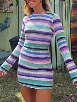 Moterų Megzti Spalvinga Dryžuotas Trumpą Suknelę Backless užrišti ilgomis Rankovėmis Rudenį Šalis Mini Suknelės Paplūdimio Kokteilių Klubas Streetwear