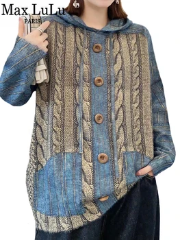 Max LuLu Žiemos Britų Mados Moterų Megztinis Moterų Prabanga Prarasti Gobtuvu Dryžuotas Megztiniai Ponios Laisvalaikio Derliaus Šilti Džemperiai