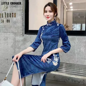 Cheongsam Šiuolaikinės ilgomis Rankovėmis Qipao Suknelė Raudona Mėlyna Kinijos Tradicinių Drabužių Moterims Vintage Suknelė Vestido Keteros Feminino