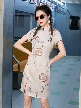 2023 Balta Rausva Trumpas Cheongsam Etninės Stiliaus trumpomis Rankovėmis Slim Qipao Moterys Vasarą Vintage Suknelė S Iki 3XL