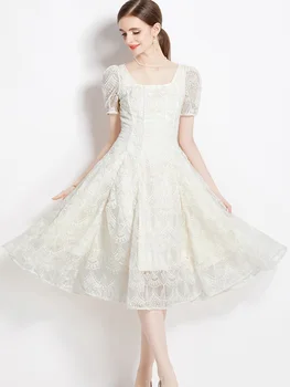Derliaus Balta Nėrinių Midi Suknelė Nauja Mados Prancūzų Stiliaus Trumpomis Rankovėmis Suknelė Moterims 2023 Elegantiška Siuvinėjimas Vakare Šalis Suknelė