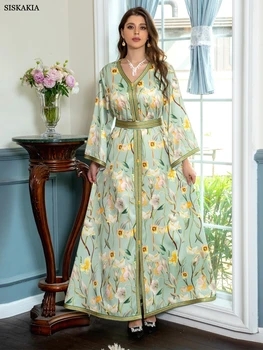 Jalabiyas Ramadanas 2023 Kuveito Elegantiškas Ponios Atsitiktinis Suknelės V-Kaklo Nėrinių Juosta Juostinės Kaftan Prancūzijos Šviesą Gėlių Spausdinti Maxi Suknelė