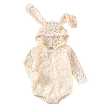 Baby Girl Velykų Aprangą Nėrinių Romper Triušiuko Ausys Hoodie Onepiece Ilgomis Rankovėmis Bodysuit Naujagimių Fotografijos Komplektai