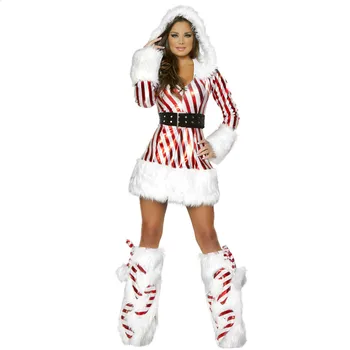 Suaugusiųjų Moterų Kalėdų Kostiumai Kalėdos Šalis Cosplay Santa Claus Red White Stripes Suknelė Su Gobtuvu Kojos Ir Diržo Dangtelis