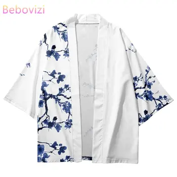 2023 Vasaros Paplūdimio Moterų Kimono Mėlynas Gėlių Spausdinti 3/4 Rankovėmis Marškinėliai Haori Mados Atsitiktinis Kimono Yukata Vyrų Tradicinių Viršų