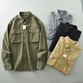 Vintage plauti multi-pocket marškinėliai vyrams ilgomis rankovėmis rudenį atvartas medvilnės prarasti atsitiktinis krovinių kailis kailis