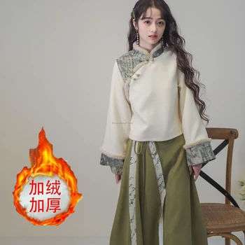 2024 naujas kinų stiliaus thicked cheongsam rinkinys moterims rudens žiemos vintage stiliaus nuolatinis apykaklės viršaus sijonas, dviejų dalių komplektas w95