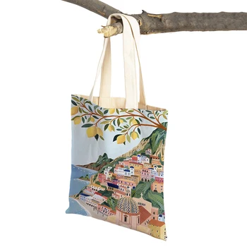 Derliaus Kraštovaizdžio Peties Shopper Bag Barselonos Santorini Positano Moterų Pirkinių Maišeliai, Dvigubas Spausdinti Lady Drobės Rankinės Tote