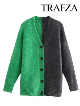 TRAFZA Moterų Prašmatnus Sujungimas dizainas, Vintage V Kaklo Megzti Paltai Atsitiktinis ilgomis Rankovėmis Mygtuką-iki Moterų Viršutiniai drabužiai Mados Cardigan