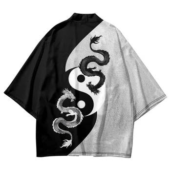 Animacinių Filmų Kinų Tai Či Black White Dragon Spausdinti Streetwear Atsitiktinis Japonų Kimono Paplūdimio Šortai Yukata Harajuku Cardigan