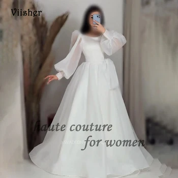Baltos spalvos Organza Vestuvių Suknelės ilgomis Rankovėmis O Kaklo Linija Nuotakos Suknelė Paprasta Pilietinės Vestuvių Chalatai Moterims