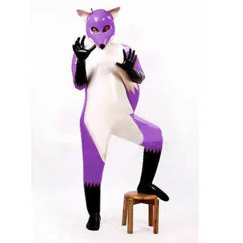 Latekso Gumos Triko Catsuit Violetinė Rankų darbo Mados Gaubtu, Pirštines, viso kūno Kaukė