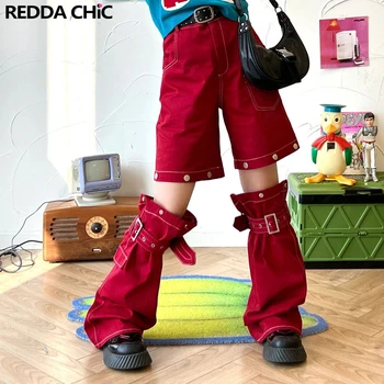 ReddaChic Moterys, 2-Piece Šortai Nustatyti Raudona Dopamino Krovinių Kelnės & Kojų Šildytuvus Kelnės Y2k Retro Vasaros Negabaritinių Hip-hop Streetwear