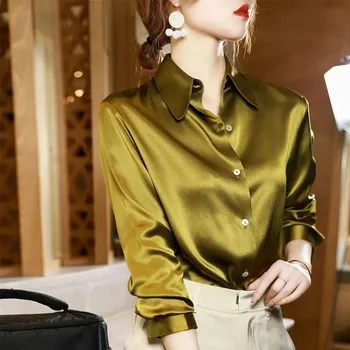 Lucyever Aukštos Kokybės Šilko Imitacijos Palaidinė Moterų Mados Ilgomis Rankovėmis Prarasti Satin Palaidinės Korėjos Stiliaus Biuro Panele Stovi Marškinėliai